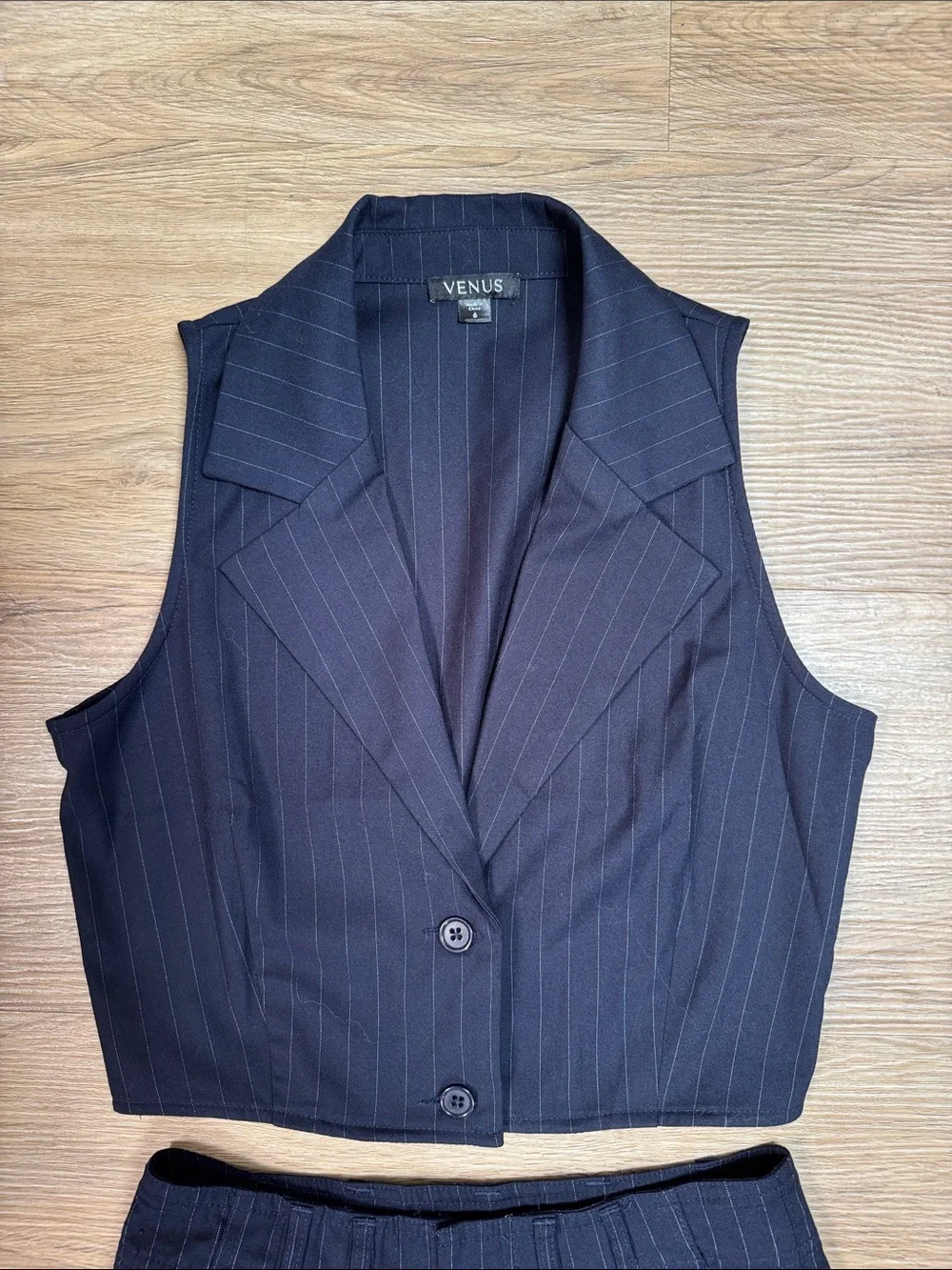 VENUS Navy Pinstripe Wide-Leg Pants with Matching Cropped Vest